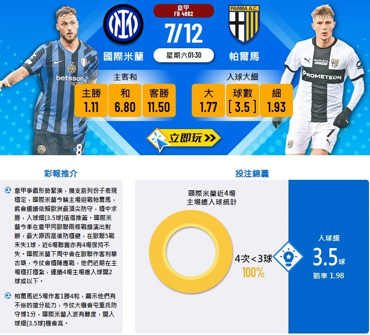 國際米蘭迎戰帕爾馬