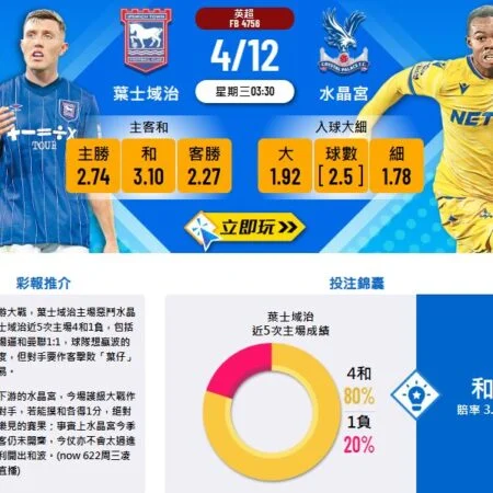 英超赛前分析:叶士域治对阵水晶宫,谁能笑到最后?