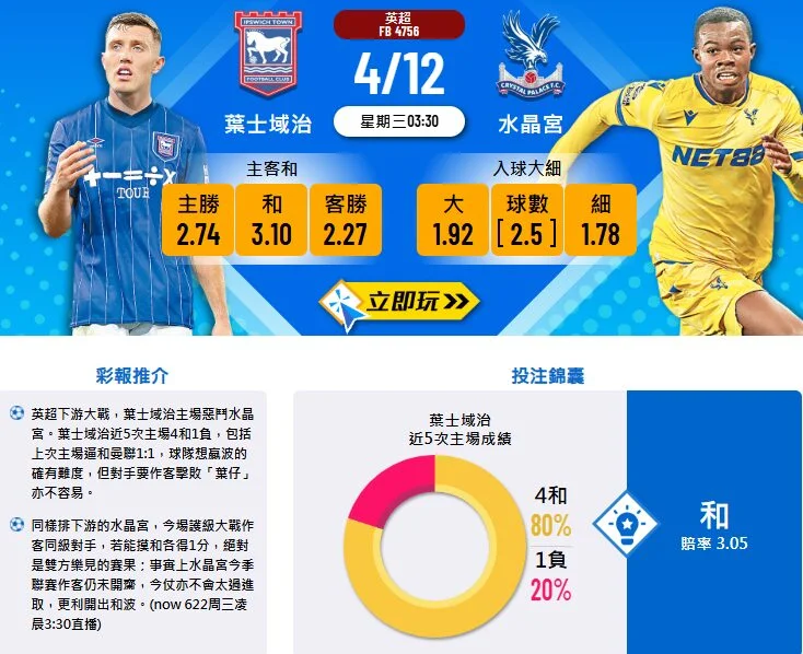 英超叶士域治对阵水晶宫