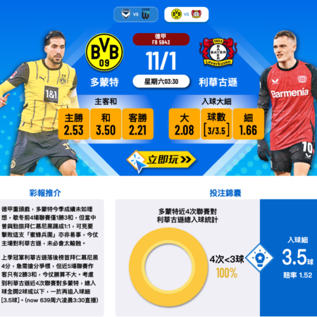 多特蒙德 vs 勒沃庫森 | 德甲焦點戰前瞻與分析