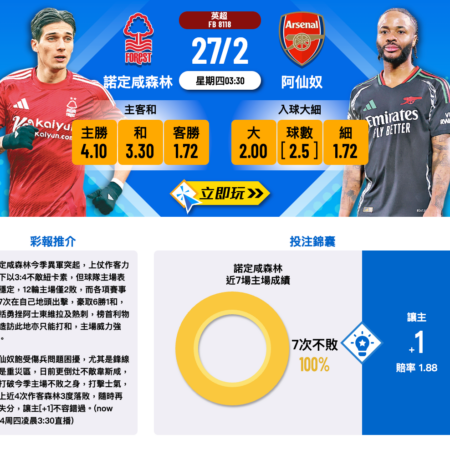 諾定咸森林 vs 阿仙奴：英超賽前分析及預測
