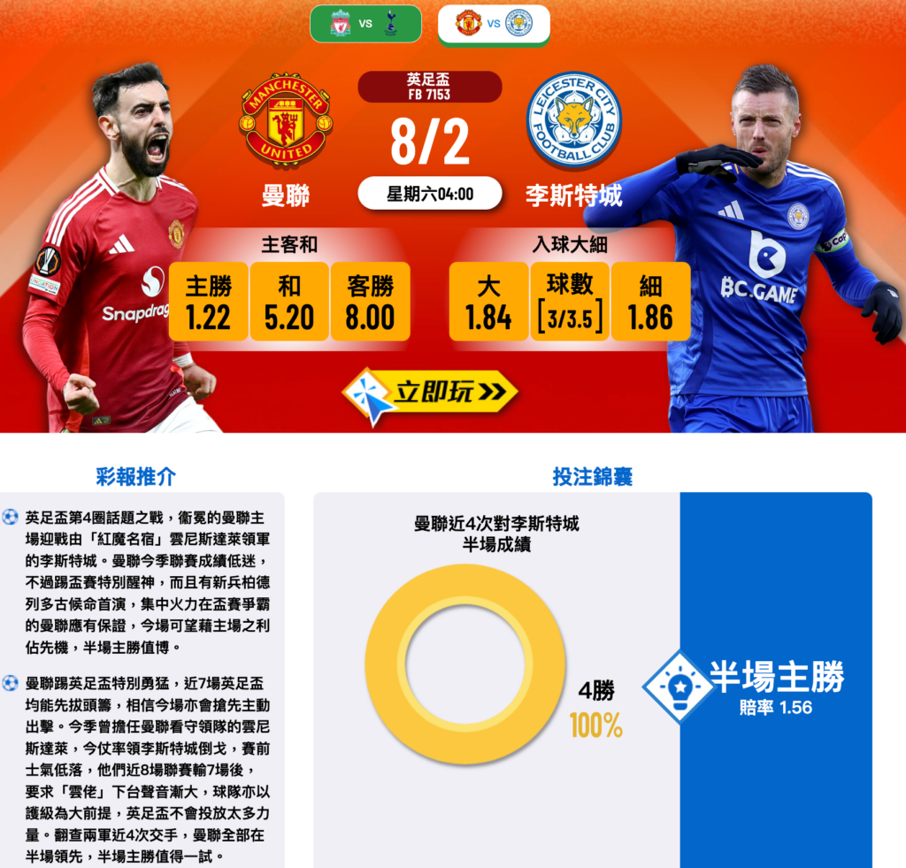 曼聯主場迎戰萊斯特城