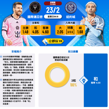 國際邁亞密 VS 紐約城賽前深度分析：歷史平局是否會再現